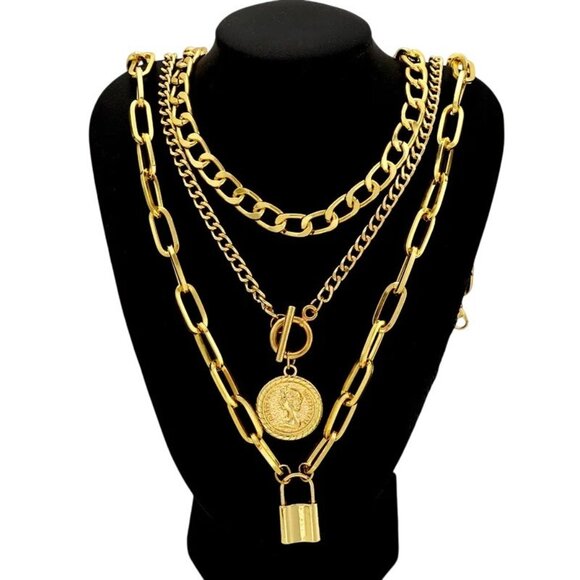 Vintage Style Coin Lock Pendants Gold Tone Layering Necklaces Old Money Style - Picture 4 of 5